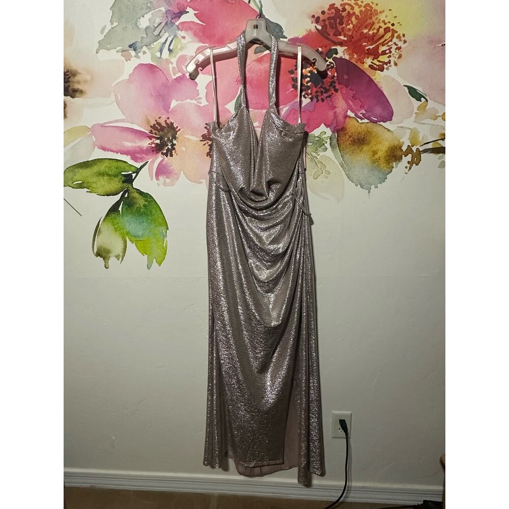 Metallic Halter Cowl Neck Sheath with Slit - Size 18 - Plus Size - Rose Gold - Picture 1 of 9